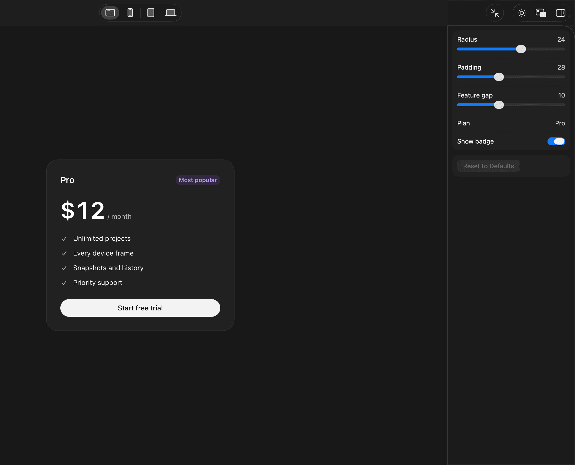 A pricing card in a preview, with sliders for radius, padding and spacing in the inspector beside it