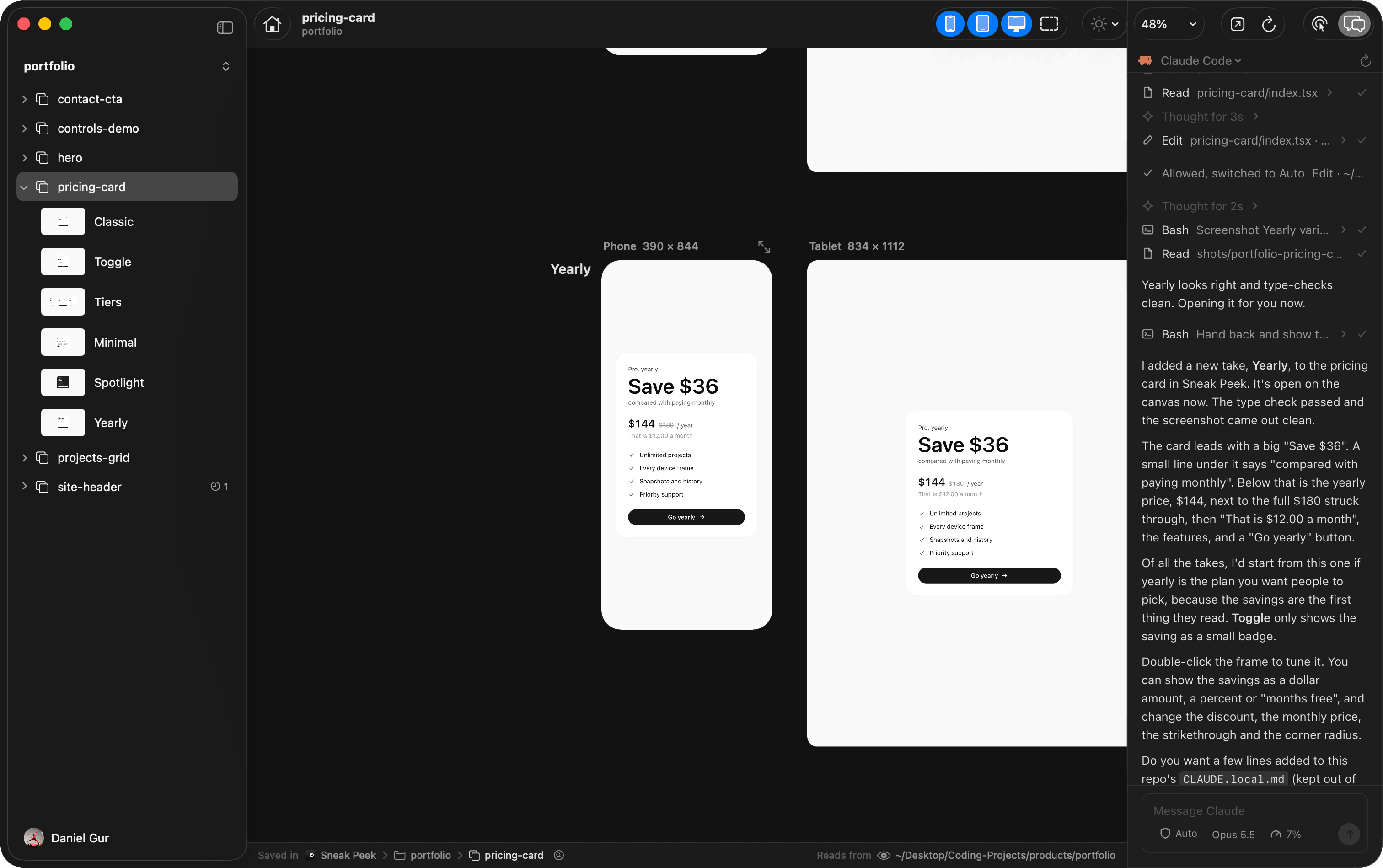 A new yearly take on a pricing card on the canvas, with Claude Code in the Agent panel beside it, summing up what it built