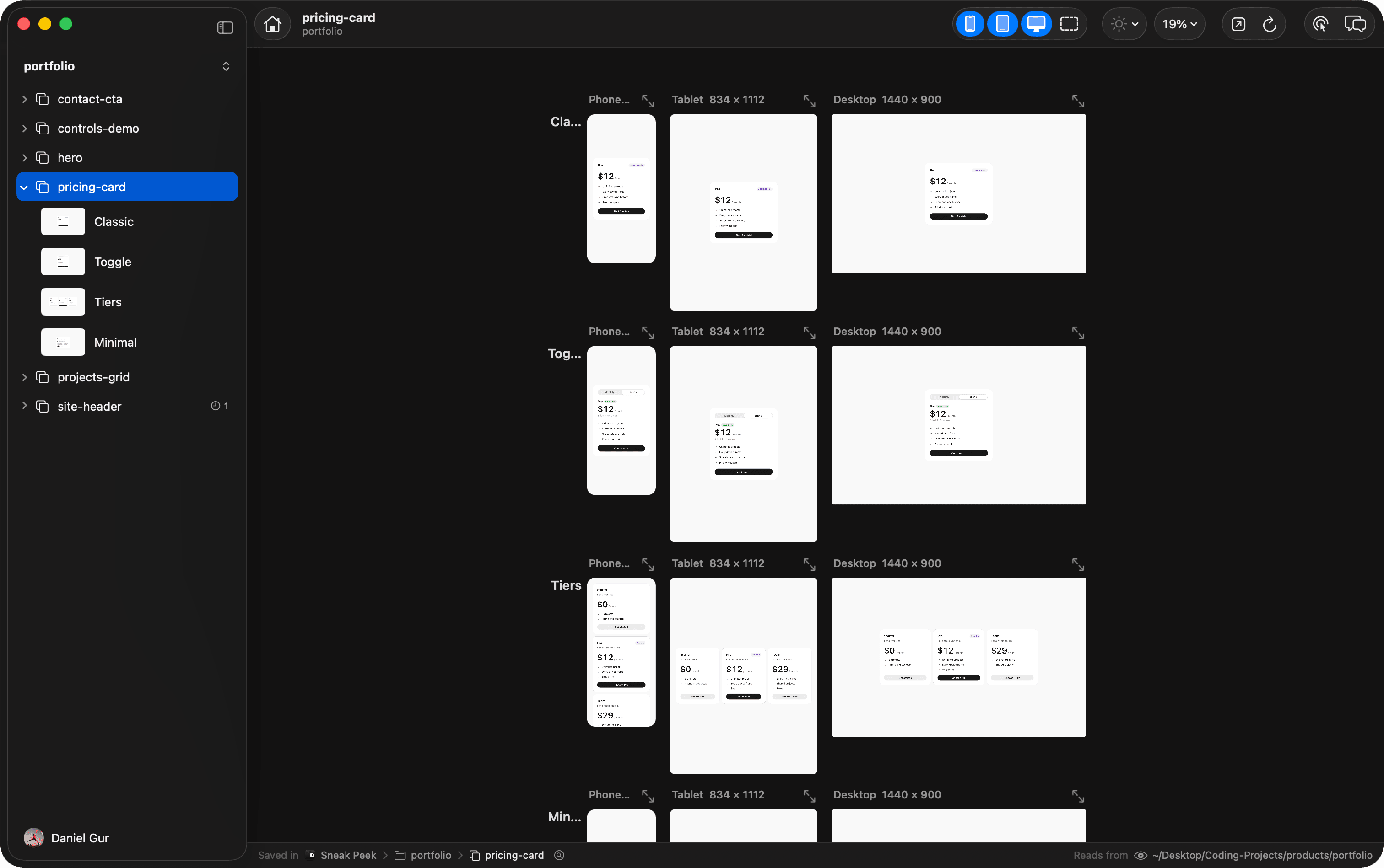 The Sneak Peek window: a project's prototypes in the sidebar, and takes on a pricing card, each on phone, tablet and desktop