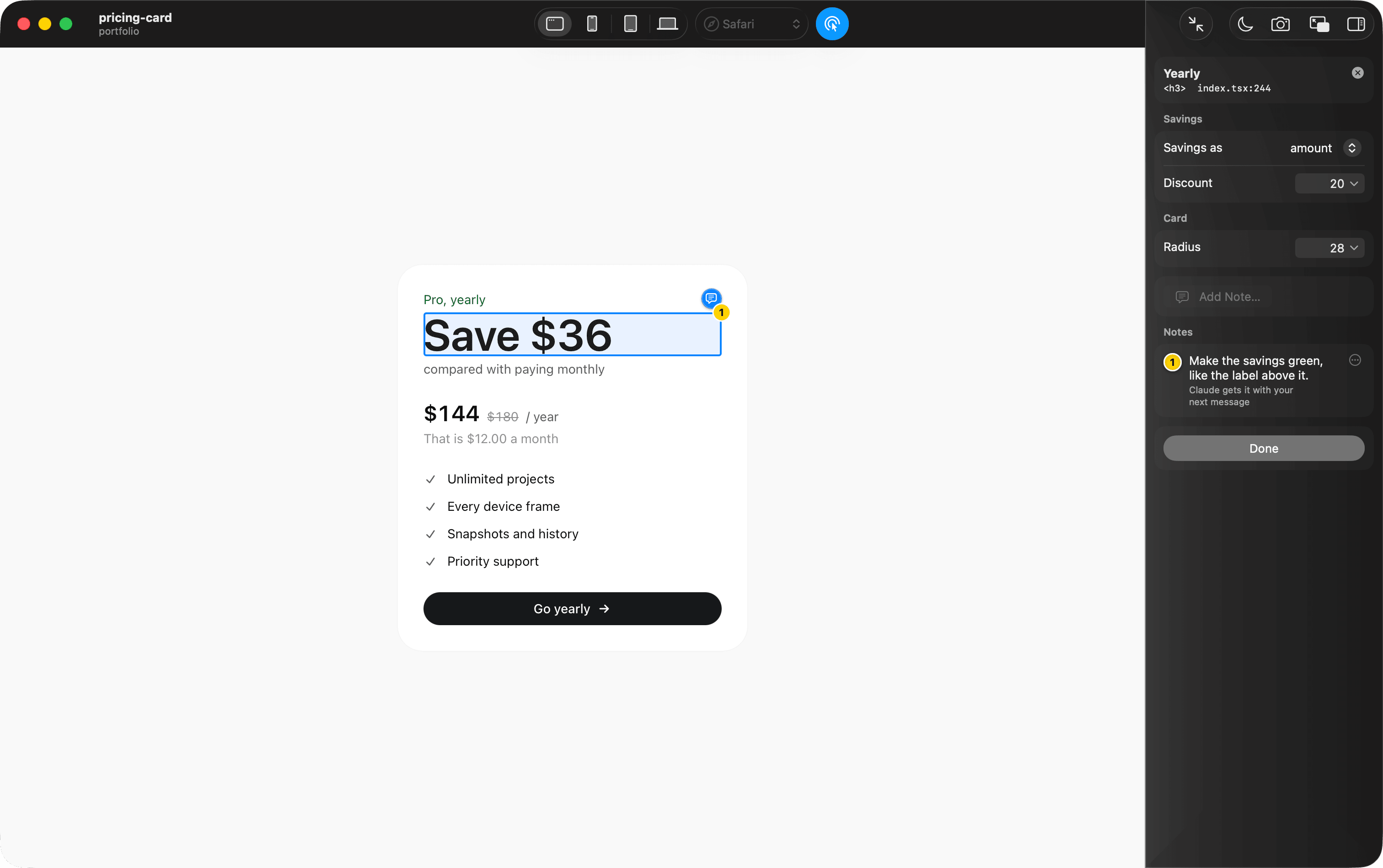 A pricing card in a preview with its heading selected, and the inspector beside it showing the heading’s line of code, its controls, Add Note and the note left on it